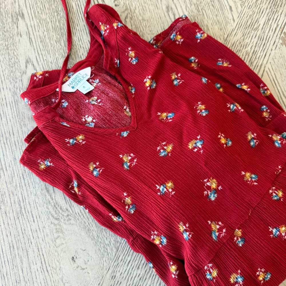 Market & Spruce Red Floral Tiered Mini Dress Womens Medium Crinkle Gauze Pockets